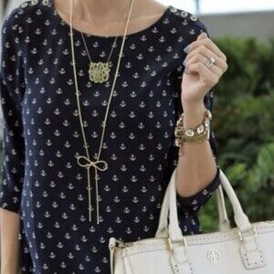 CYNTHIA ROWLEY X-Small Anchor Blouse Navy Blue White Nautical Boat Scoopneck